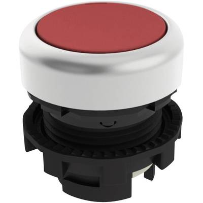 Red emergency stop button in circular form, mounted on a black bracket, used in machinery for rapid shutdown in case of danger.