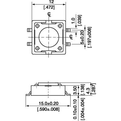 Technical drawing of a square switch with dimensions in millimetres and inches. Shows front and side view with detailed measurements.