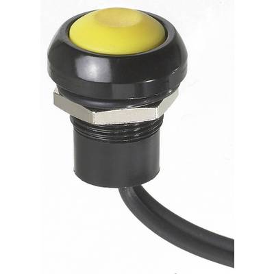 A round, black push button with a yellow surface, attached to a black cable. Typical operating element for machines.