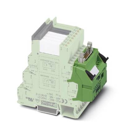 Green electric relay module for mounting on a DIN rail, with multiple terminals and a transparent cover.