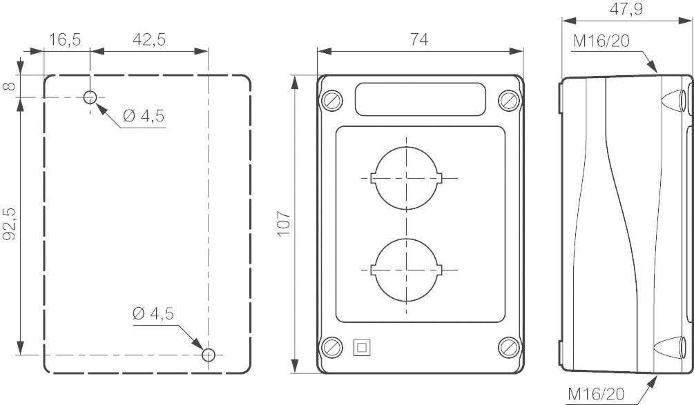 Technical drawing of a rectangular enclosure with dimensions. Front view shows two circular openings, side and top views include drilling details.