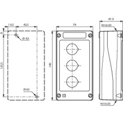 Plans for an electronic device with dimensions and details of connections and controls.