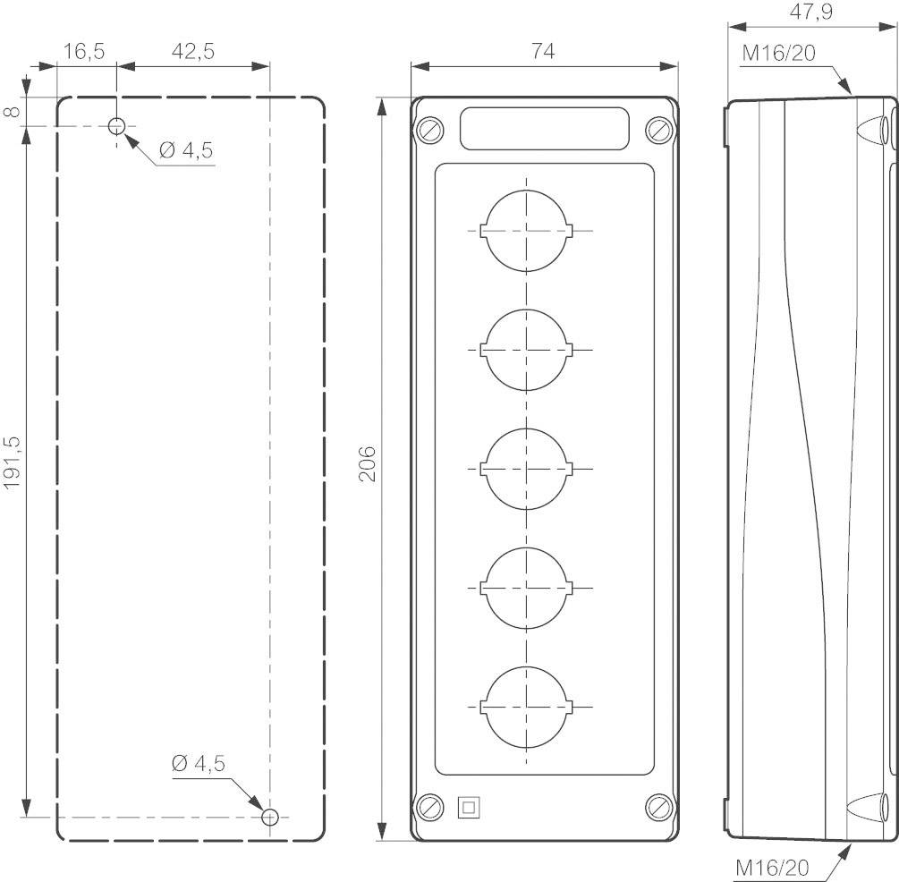 'Technical drawing of a rectangular enclosure with five round recesses at the front. Dimensions and assembly details are specified.'