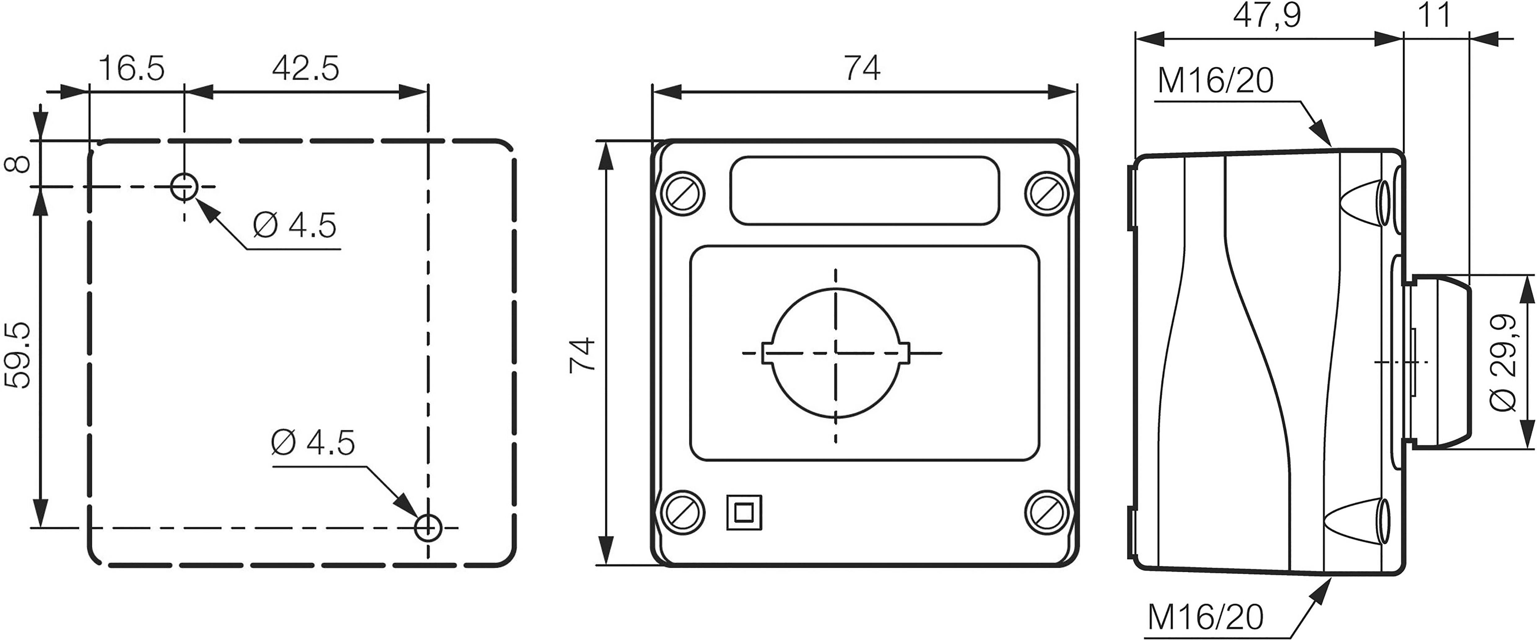 Technical drawing of a rectangular enclosure with detailed dimensions in millimetres, showing three views: front, side, and top view.