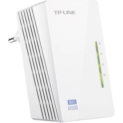 A white TP-Link AV500 Wi-Fi Powerline adapter, plugged into a socket, with status indicators and side ventilation slots.