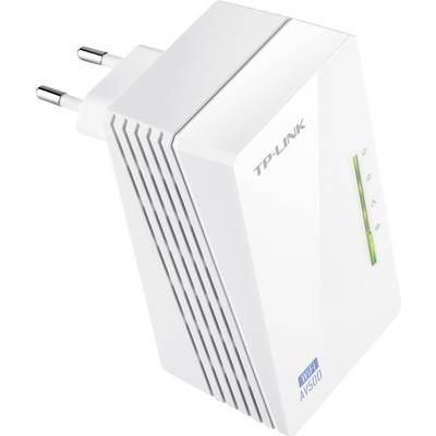 A white TP-Link WiFi Repeater model AV500 with socket connection and four LED indicators on the front.