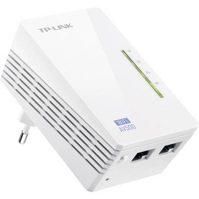 White TP-Link Wi-Fi extender with two Ethernet ports and LED indicators, suitable for extending the Wi-Fi signal.