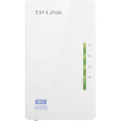 A TP-Link AV500 Powerline adapter with Wi-Fi symbols and LEDs on the front, indicating connection and network activity.