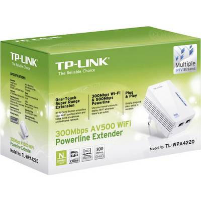 'TP-Link AV500 WiFi Powerline Extender' packaging with device image, offering 300Mbps WiFi and networking over existing electrical circuits.