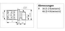 Technical drawing of a plug with two views. Left: Side view with dimensions. Right: Label 'Dimensions: 36 (1-2 contacts) 46 (3-4 contacts)'.