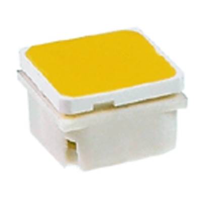 Yellow mechanical tactile switch with a white housing, square in shape, commonly used in keyboards or control devices.