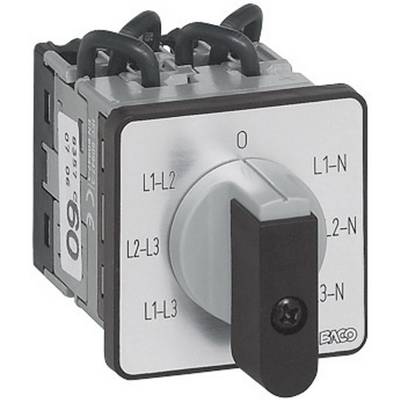 An electrical rotary switch with multiple switching positions, labelled 'L1+L2', 'L2+L3', 'L1+L3' for different phase combinations.