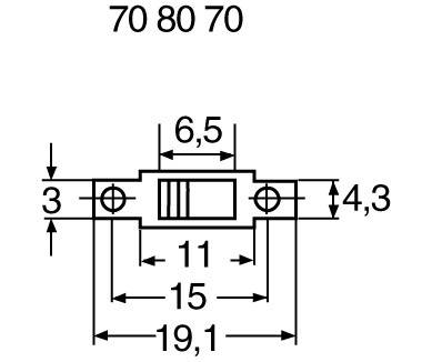 Technical drawing of a mechanical part with dimensions: width 19.1 mm, height 6.5 mm, hole diameters 3 mm and 4.3 mm.