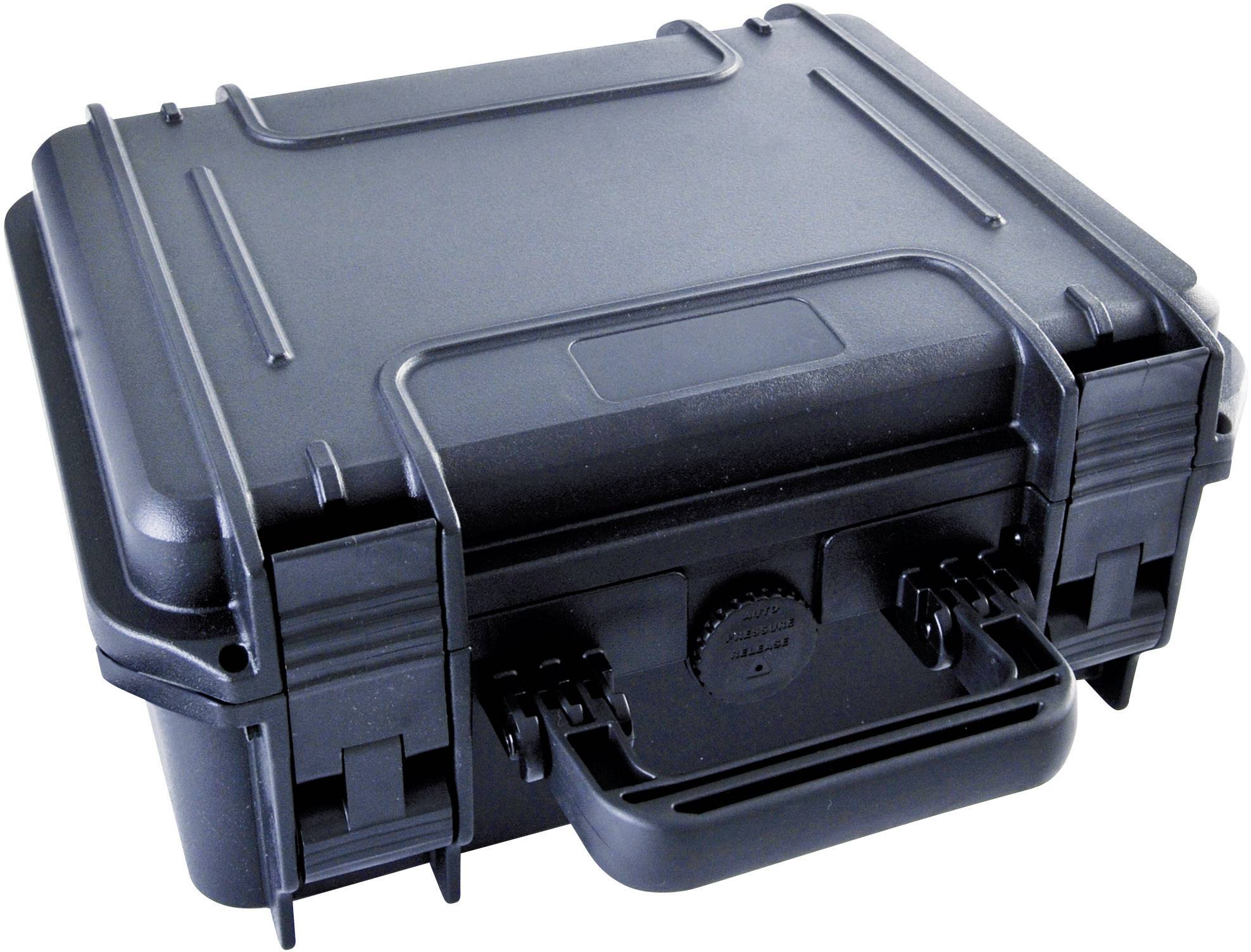 Black, robust protective case with carrying handle and sturdy locks. Suitable for the secure transportation of delicate items.