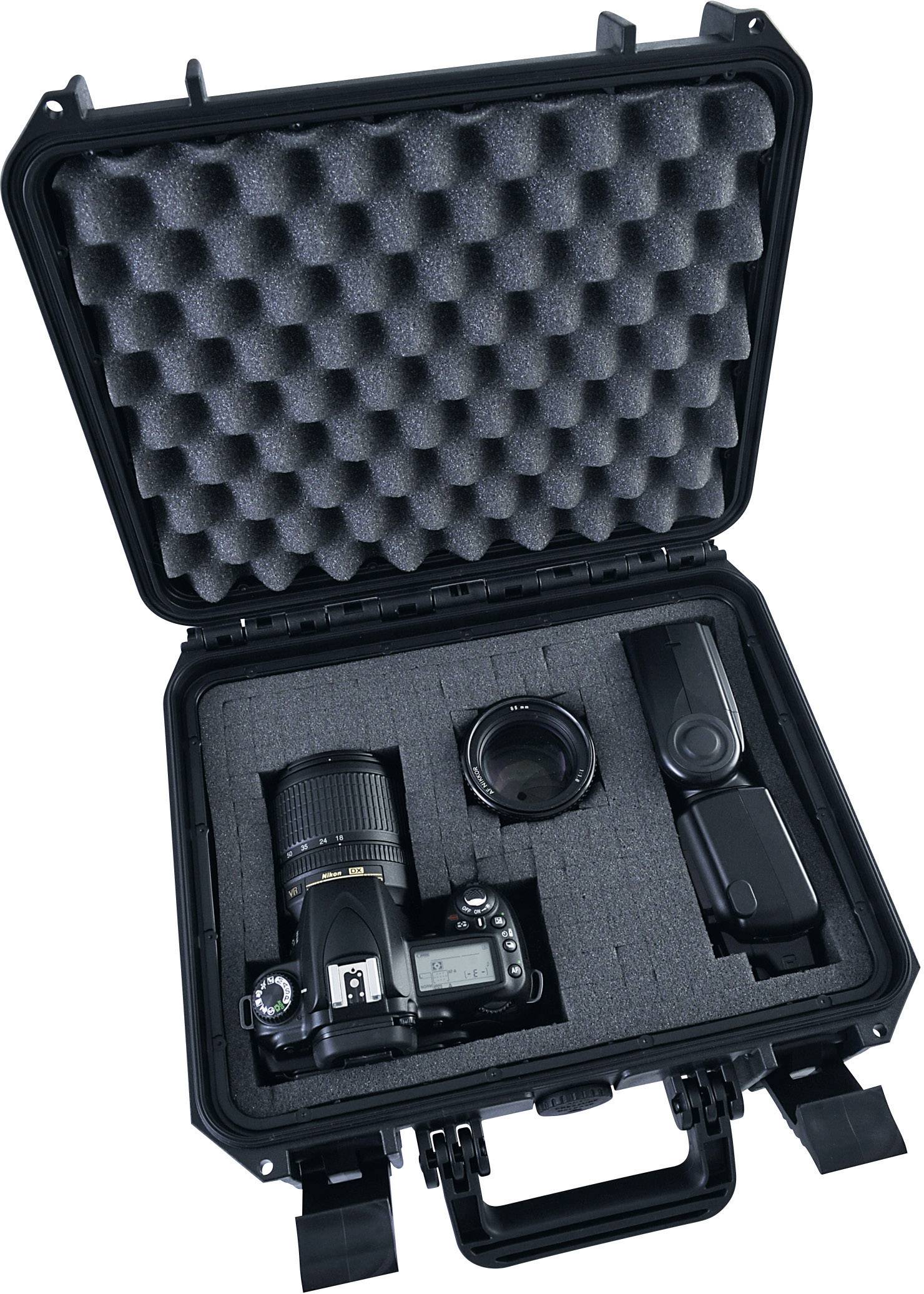 Open black hard-shell case with foam lining, containing a camera, lens, and accessories neatly organised inside.