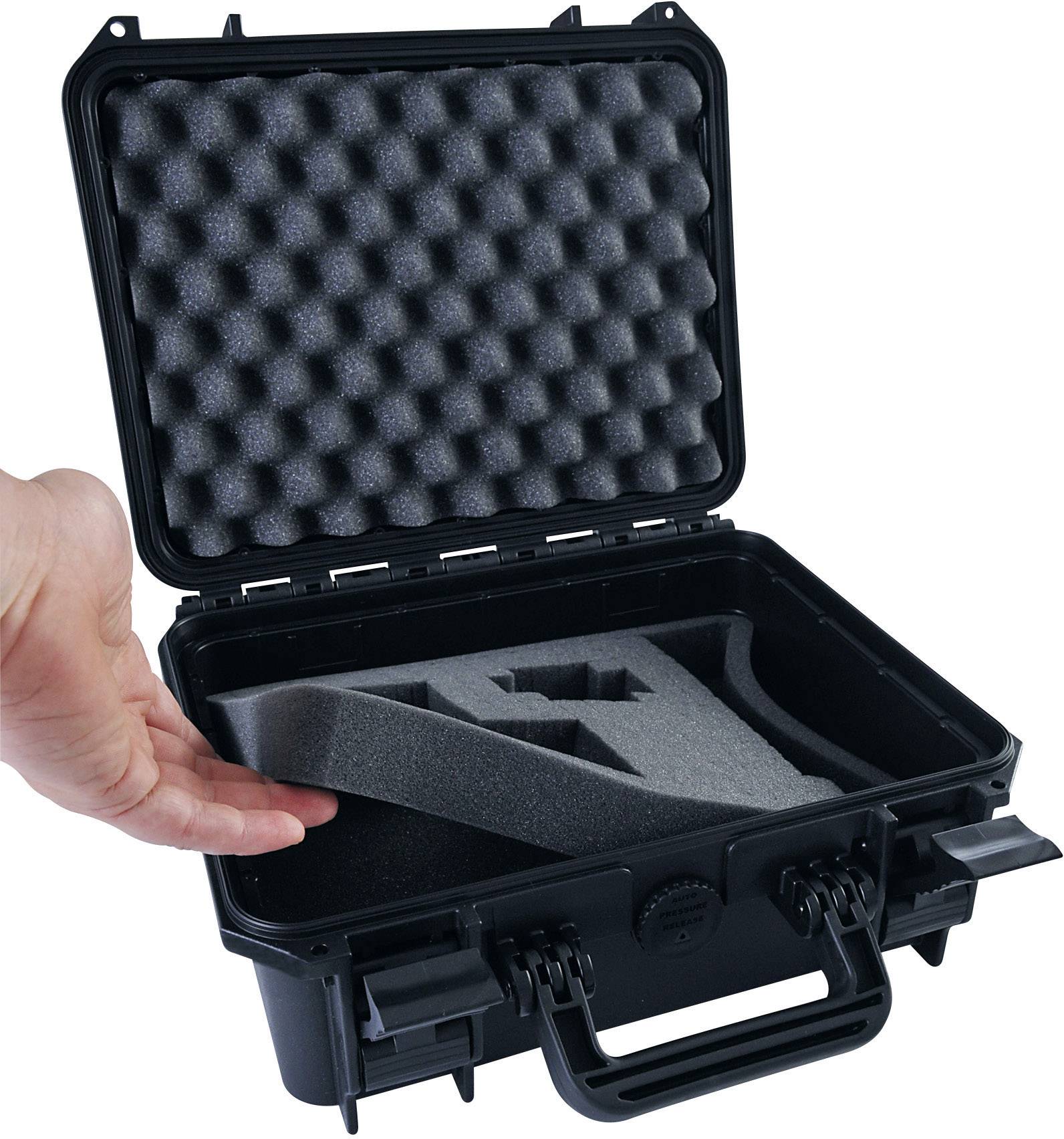 Black, open protective case with foam lining. A hand points to the foam interior, suitable for secure transportation.