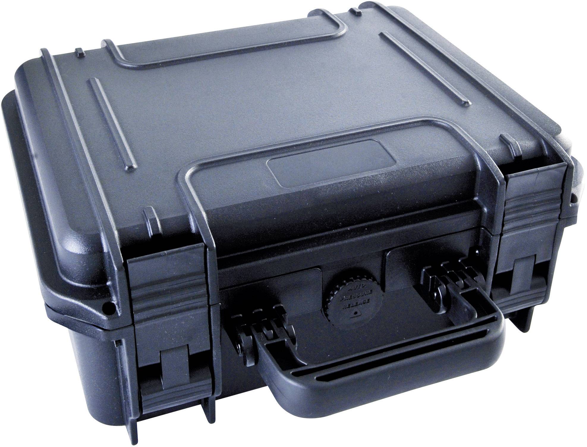 Black, closed protective case with handle and locks, suitable for securely transporting delicate items.