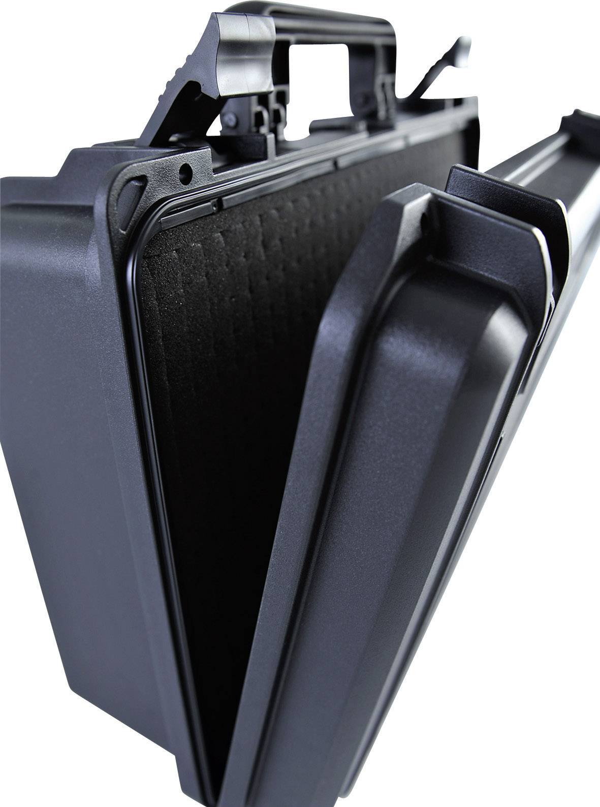 Black hardshell suitcase with open lid, showing interior padding. Suitable for secure transportation of delicate items.
