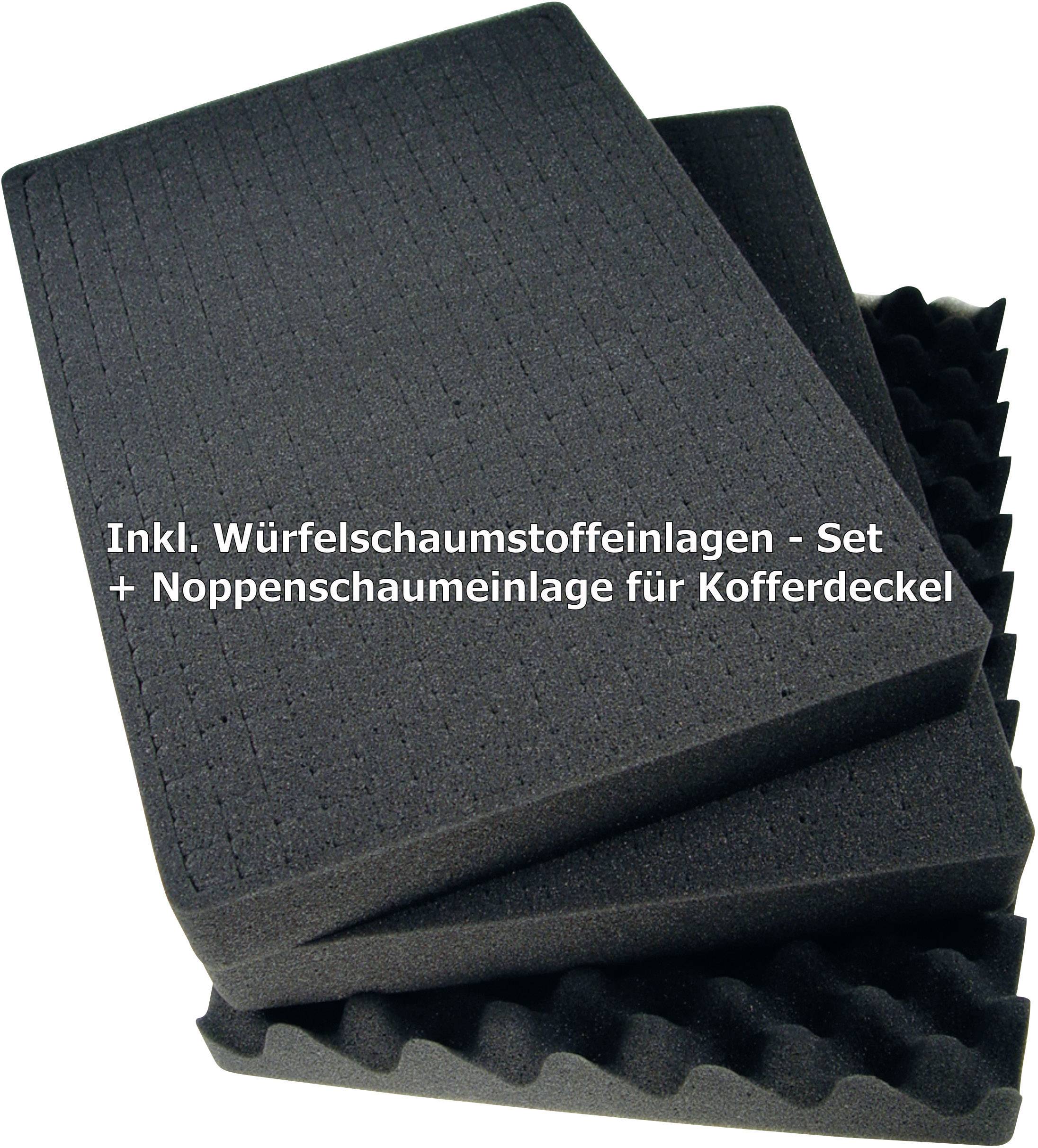 'Set of foam cube inserts and dimpled foam insert for suitcase lid, black. Protects items inside the case.'