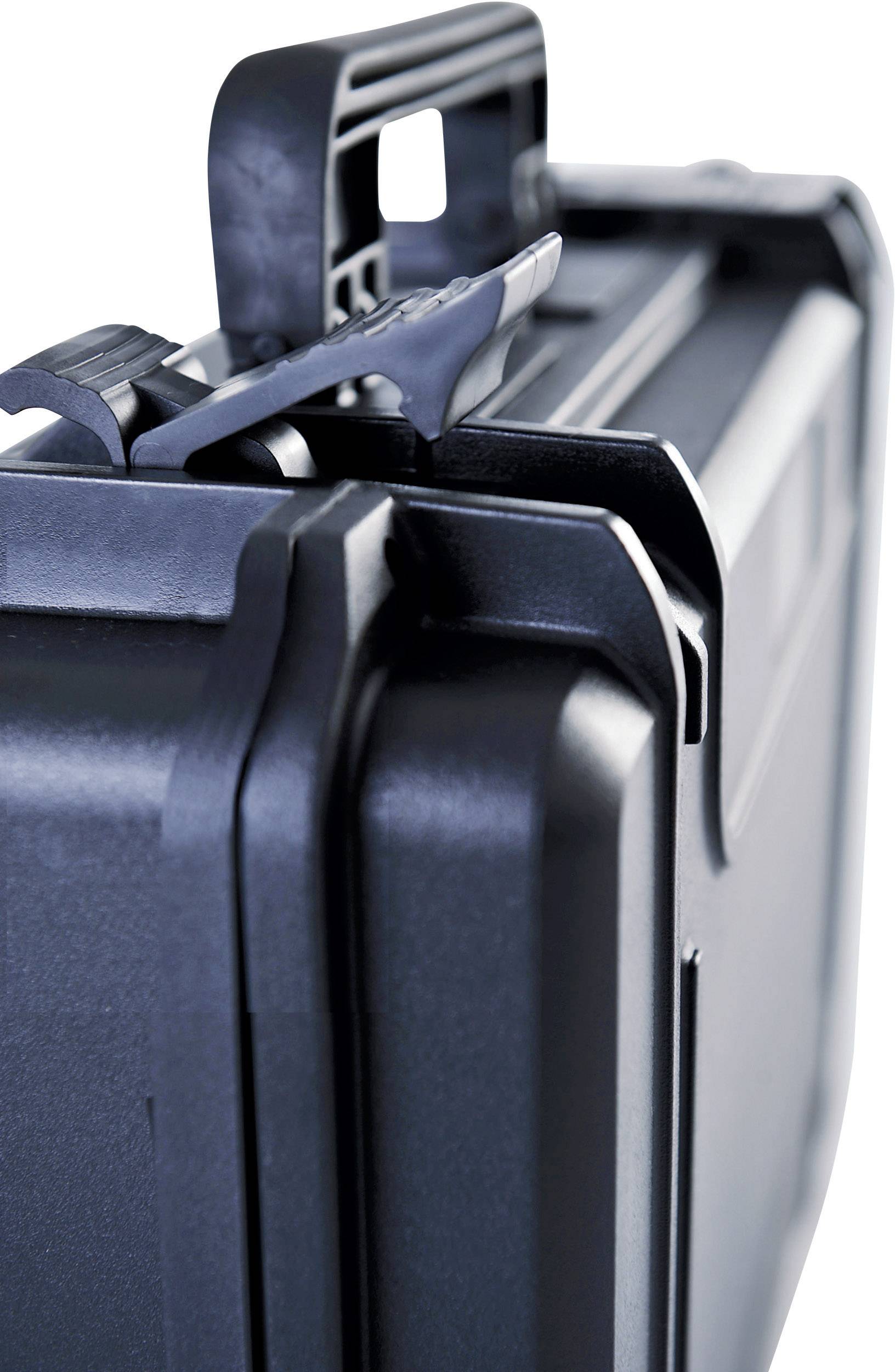 Black, robust suitcase with sturdy locks, suitable for safely transporting delicate equipment.