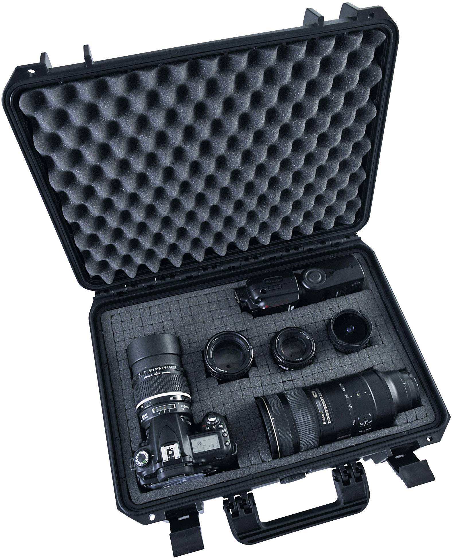 An open suitcase with foam inserts contains a camera, several lenses and accessories.