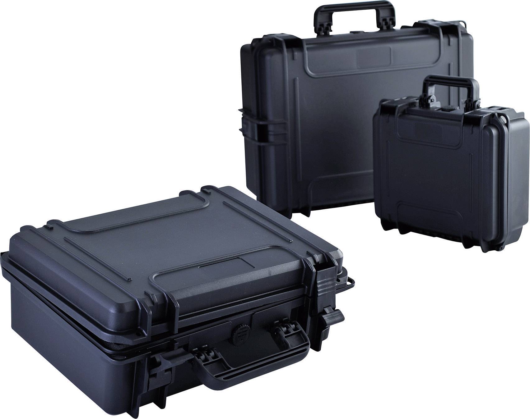 Three black hard-shell suitcases of different sizes are standing side by side. They look sturdy and are equipped with carry handles.