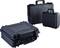 Three black hard-shell suitcases of different sizes are standing side by side. They look sturdy and are equipped with carry handles.