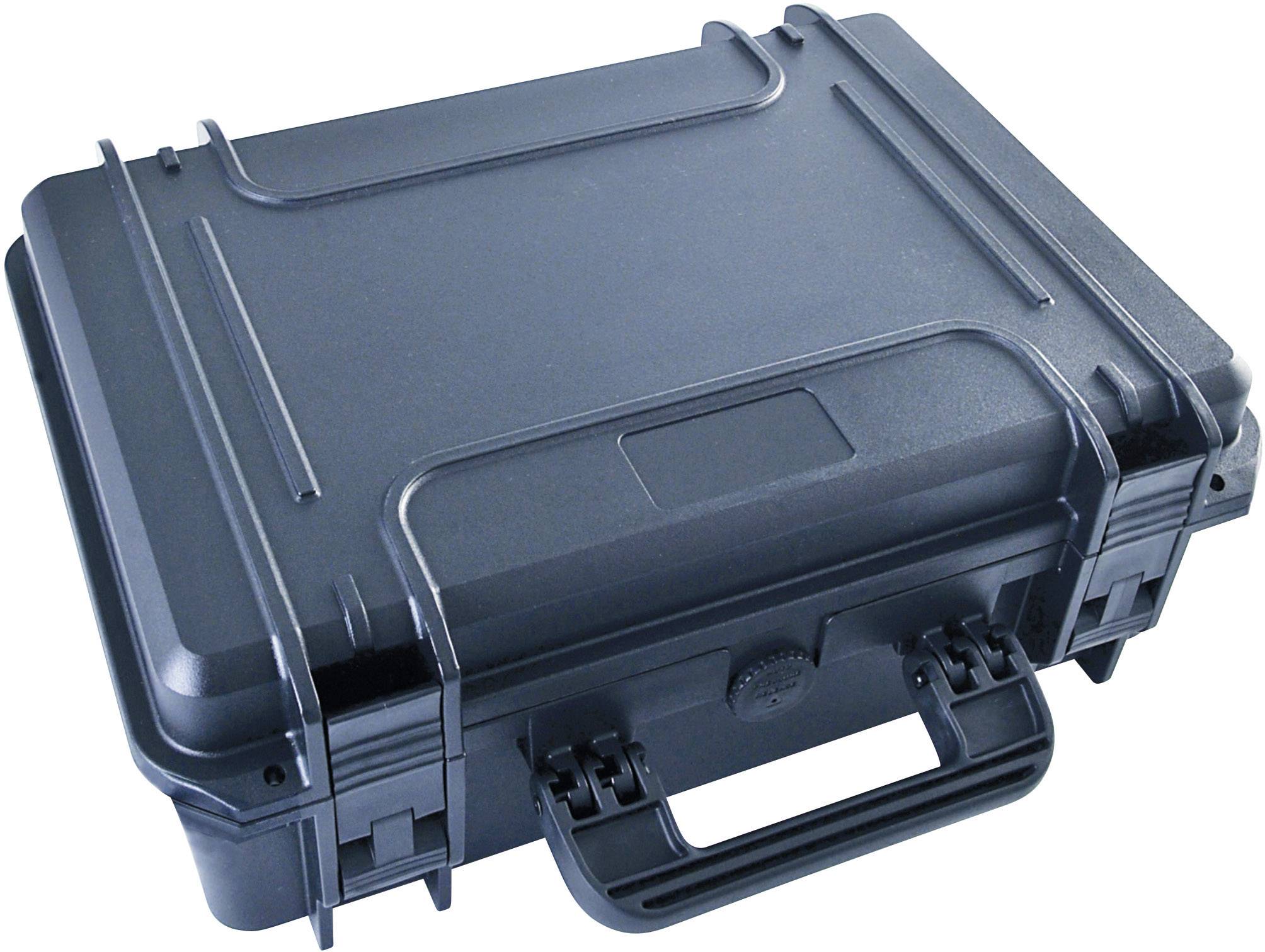 A closed black hard-shell suitcase with a handle, suitable for the secure transportation of items.