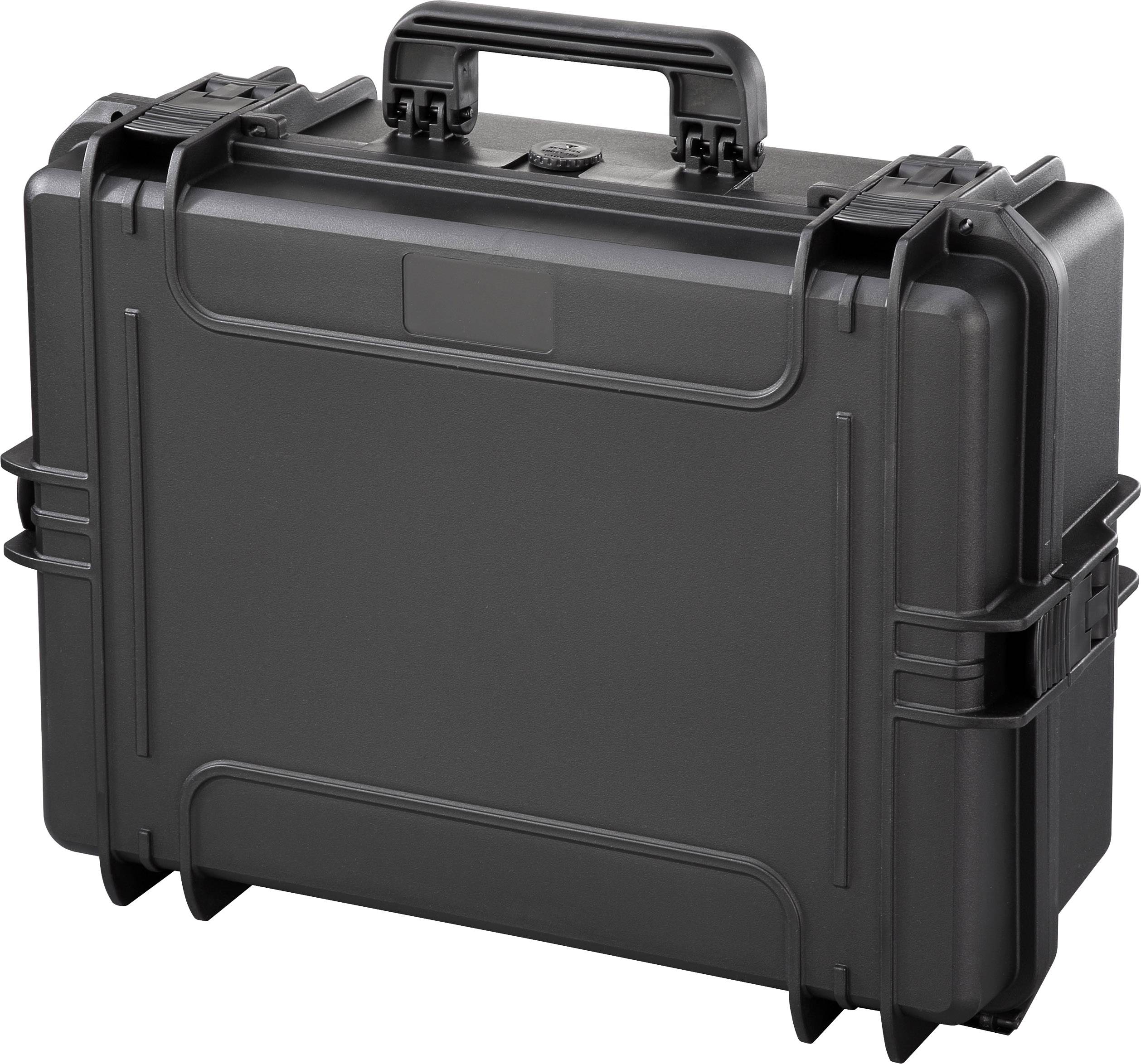 Black, robust hard-shell suitcase with handle and locks. Suitable for secure transportation and protection of delicate equipment.