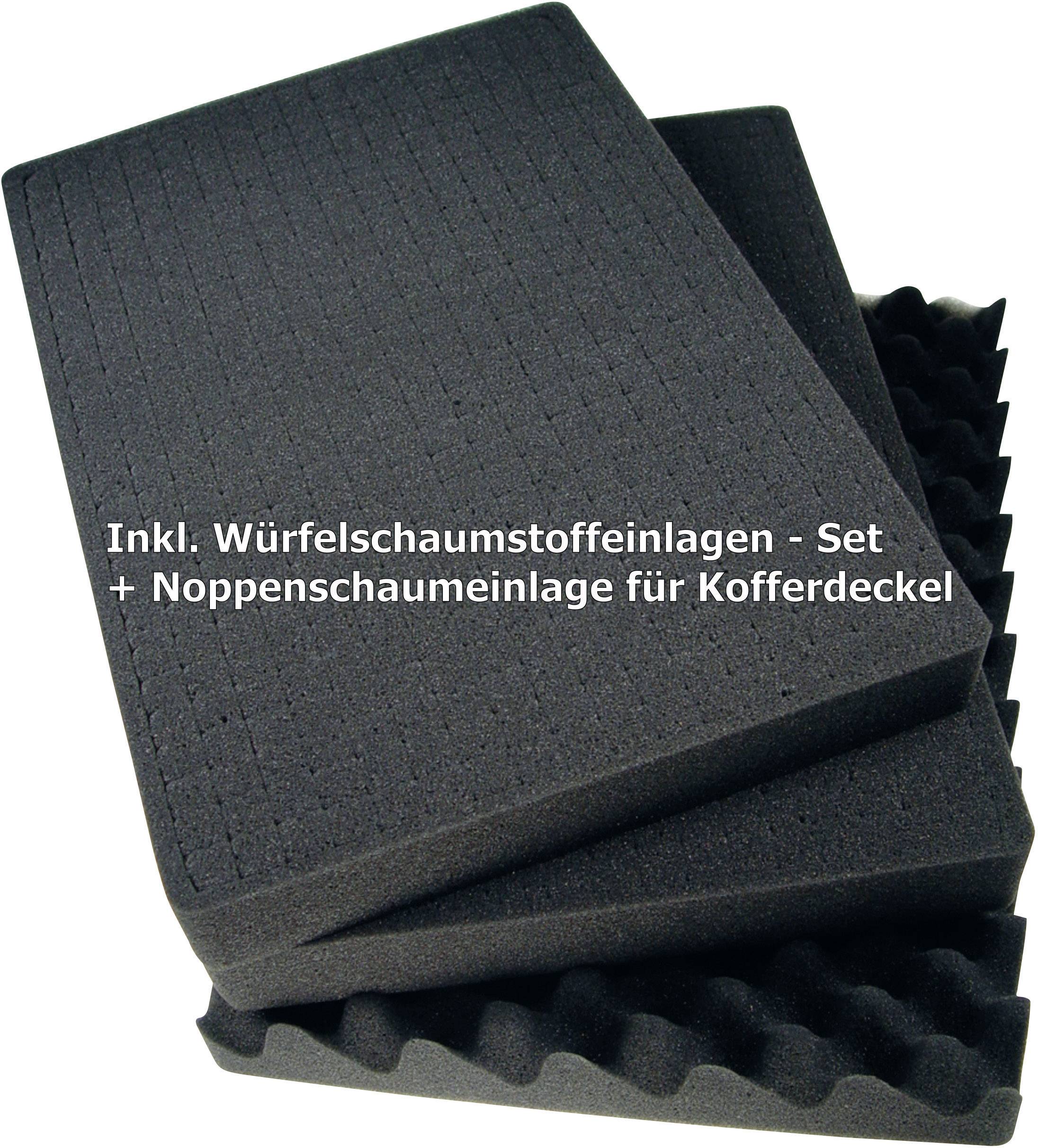 Three black foam inserts, stacked. Text reads: 'Includes dice foam inserts - Set + dimpled foam insert for case lid'.