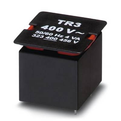 Black transformer with inscription 'TR3 400 V~ 50/60 Hz 4 VA 323 400 456 V', showing technical specifications.