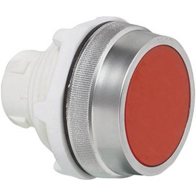 Red emergency stop switch with silver border on white background.