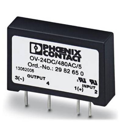 A black relay component from Phoenix Contact with the inscription 'OV-24DC/480AC/5'. It has four connection pins and labels for 'OUTPUT' and 'INPUT'.
