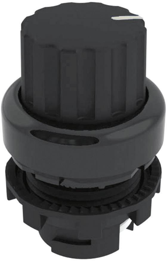 Black rotary knob with a knurled surface and a marking at the top, used for controlling or adjusting devices.