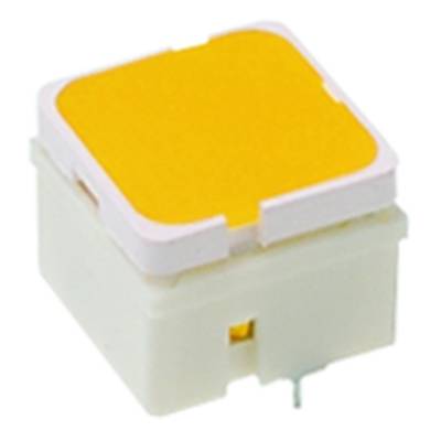 A square, yellow plastic push button mounted on a white base, suitable for electronic applications.