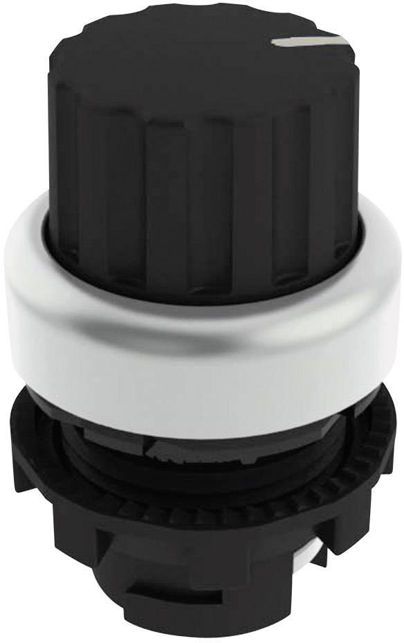 A black, ridged rotary knob with a silver ring at its base, against a white background.