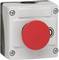 A red emergency stop button on a grey background, commonly used to quickly shut down machinery in an emergency.