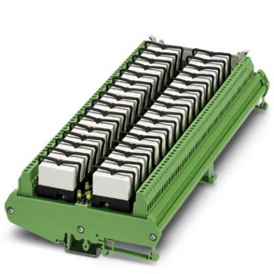 A green electronic module with multiple rectangular plug-in modules arranged in two rows. It is used for power distribution or control.