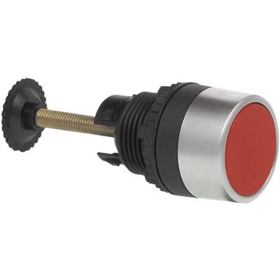 'Red emergency stop push button with silver rim and black plastic base, viewed from the side.'
