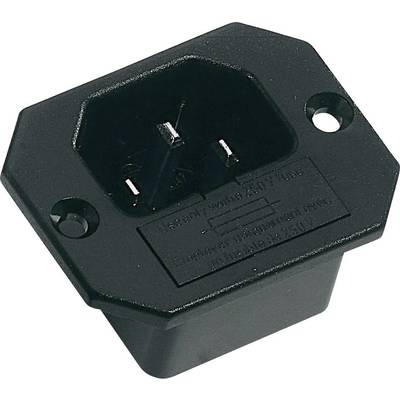 'Black IEC C14 socket with rectangular housing. Suitable for connecting power cables to electronic devices.'