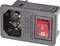 'Black network socket with integrated red switch and fuse compartment, suitable for 250V.'