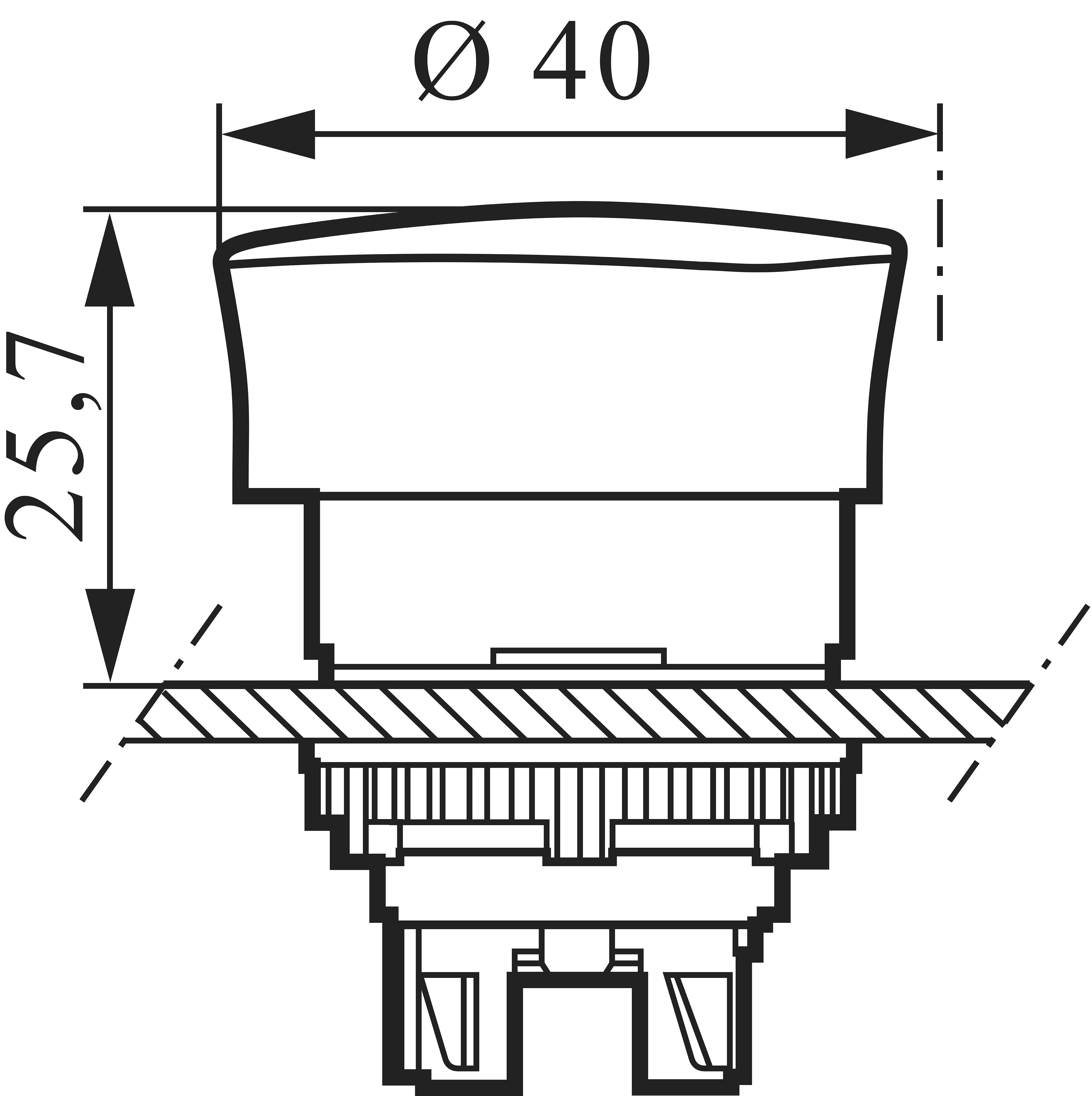 Technical drawing of a round switch with a diameter of 40 mm and a height of 25.7 mm, cross-section view shown.
