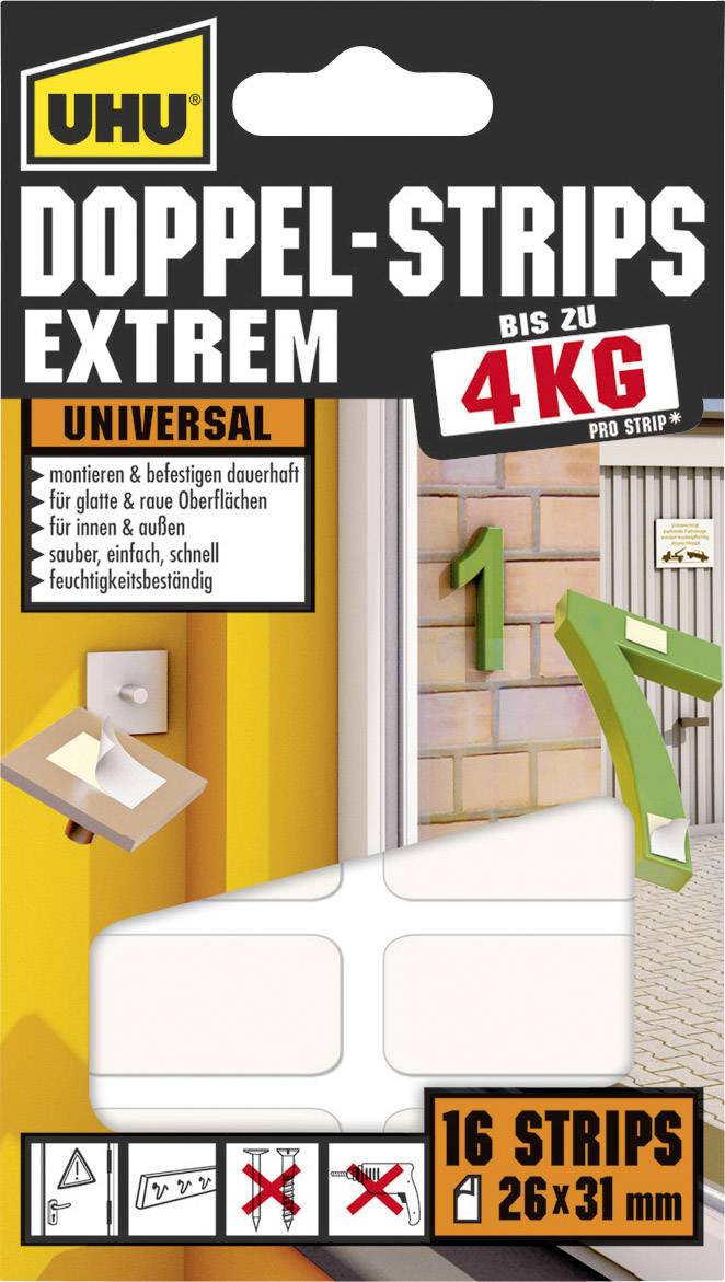 'Packaging for UHU Double-Strips Extreme. Universal adhesive strips capable of holding up to 4 kg, pack of 16, suitable for smooth and rough surfaces.'