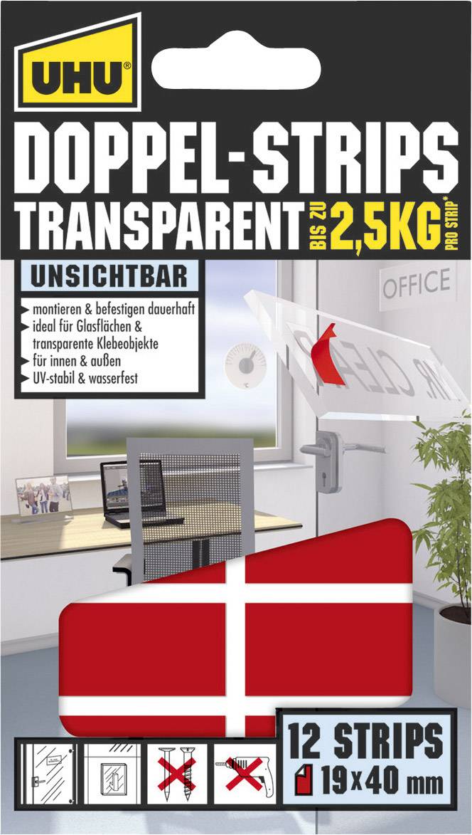 UHU 45515 45515 Double sided adhesive strips UHU® Transparent (L x W) 40 mm x 19 mm 12 pc(s)