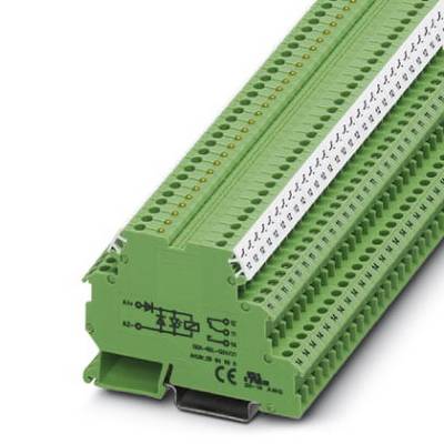 Green terminal block with numerous connection slots for wiring, used in electrical control panels to securely connect wires.