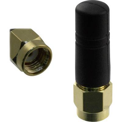 Two small golden connectors, one with a black antenna, for wireless devices. Suitable for Wi-Fi or Bluetooth applications.