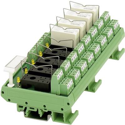 Relay module with multiple sockets and white relays on a green base, used for electrical switching circuits in industry.