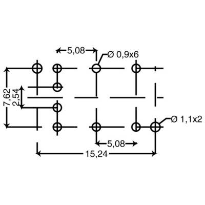 Circuit diagram with dimensions: 7.62 mm, 2.54 mm, 5.08 mm and 15.24 mm between points, with diameters of 0.9x6 and 1.1x2 mm.