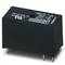 Black electrical relay with multiple terminal pins and white markings on the top surface, including manufacturer information.