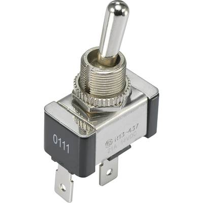 A toggle switch with a metal lever, mounted on a black plastic housing, suitable for 21A, 14VDC.